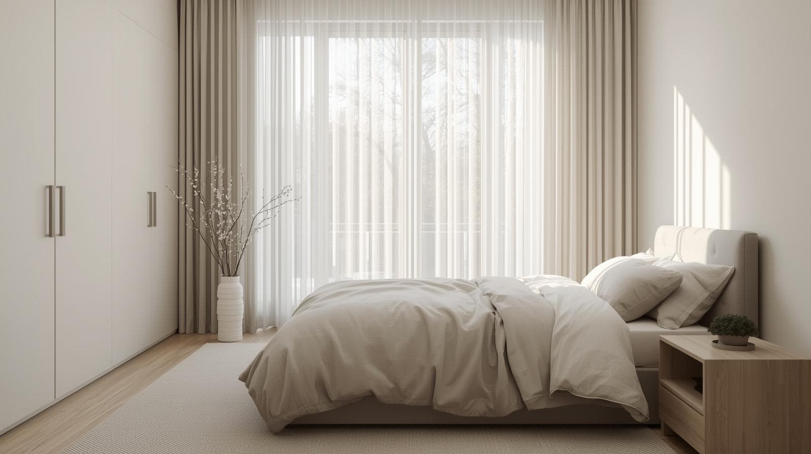 아침빛과 커튼이 어우러진 정돈된 침실