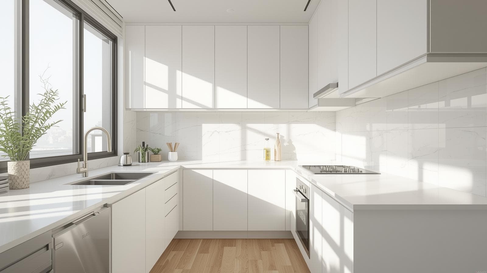 정돈된 조리대와 싱크대가 보이는 주방