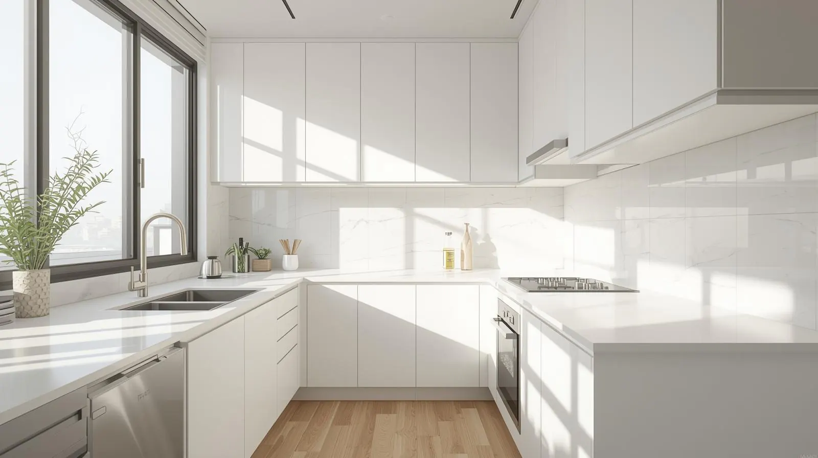 정돈된 조리대와 싱크대가 보이는 주방