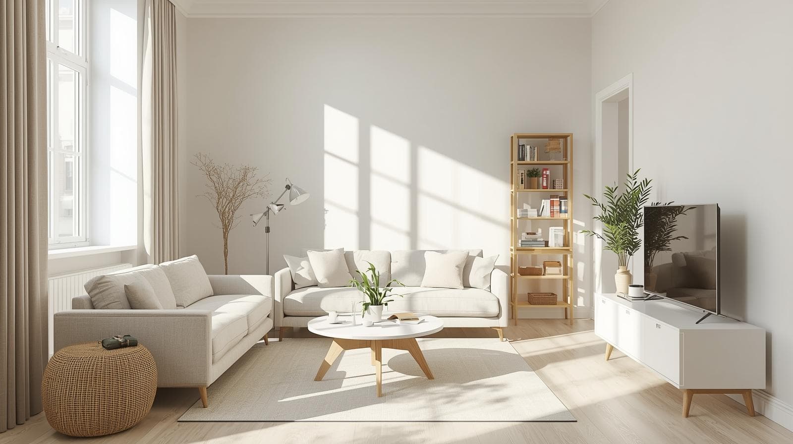 청소 후 자연광이 들어오는 뉴트럴 톤의 아파트 거실